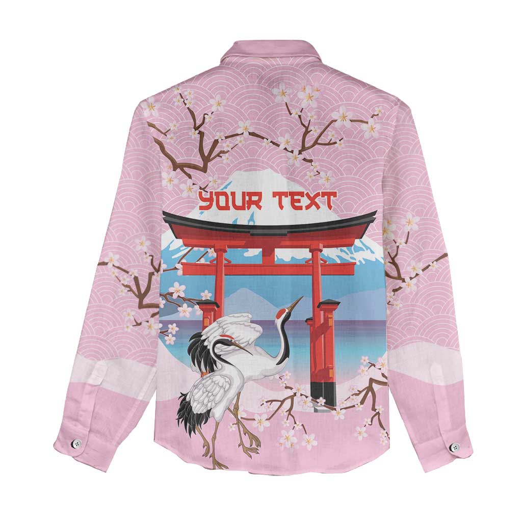 Japanese Torii Gate Cranes Personalised Women Casual Shirt Fuji Mount Sakura Seigaiha Pattern