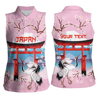 Japanese Torii Gate Cranes Personalised Women Sleeveless Polo Shirt Fuji Mount Sakura Seigaiha Pattern