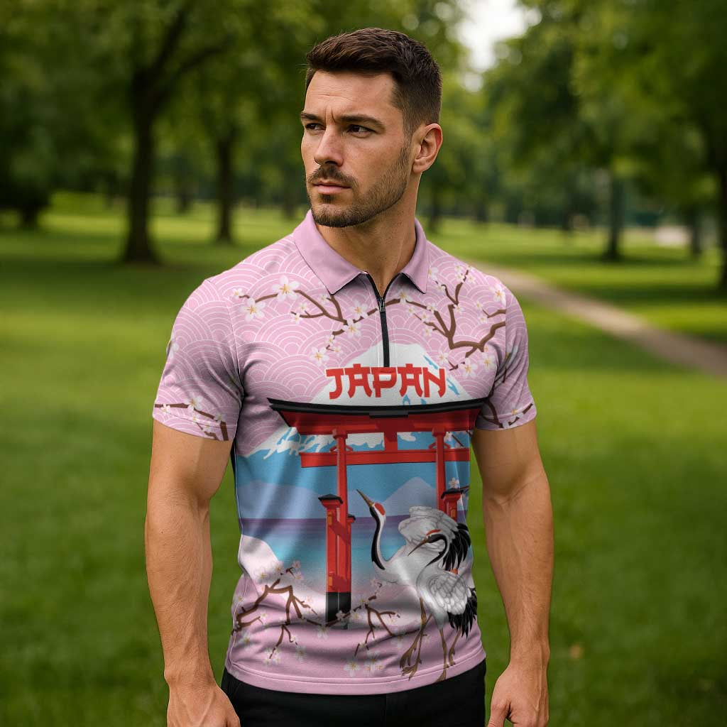 Japanese Torii Gate Cranes Personalised Zipper Polo Shirt Fuji Mount Sakura Seigaiha Pattern
