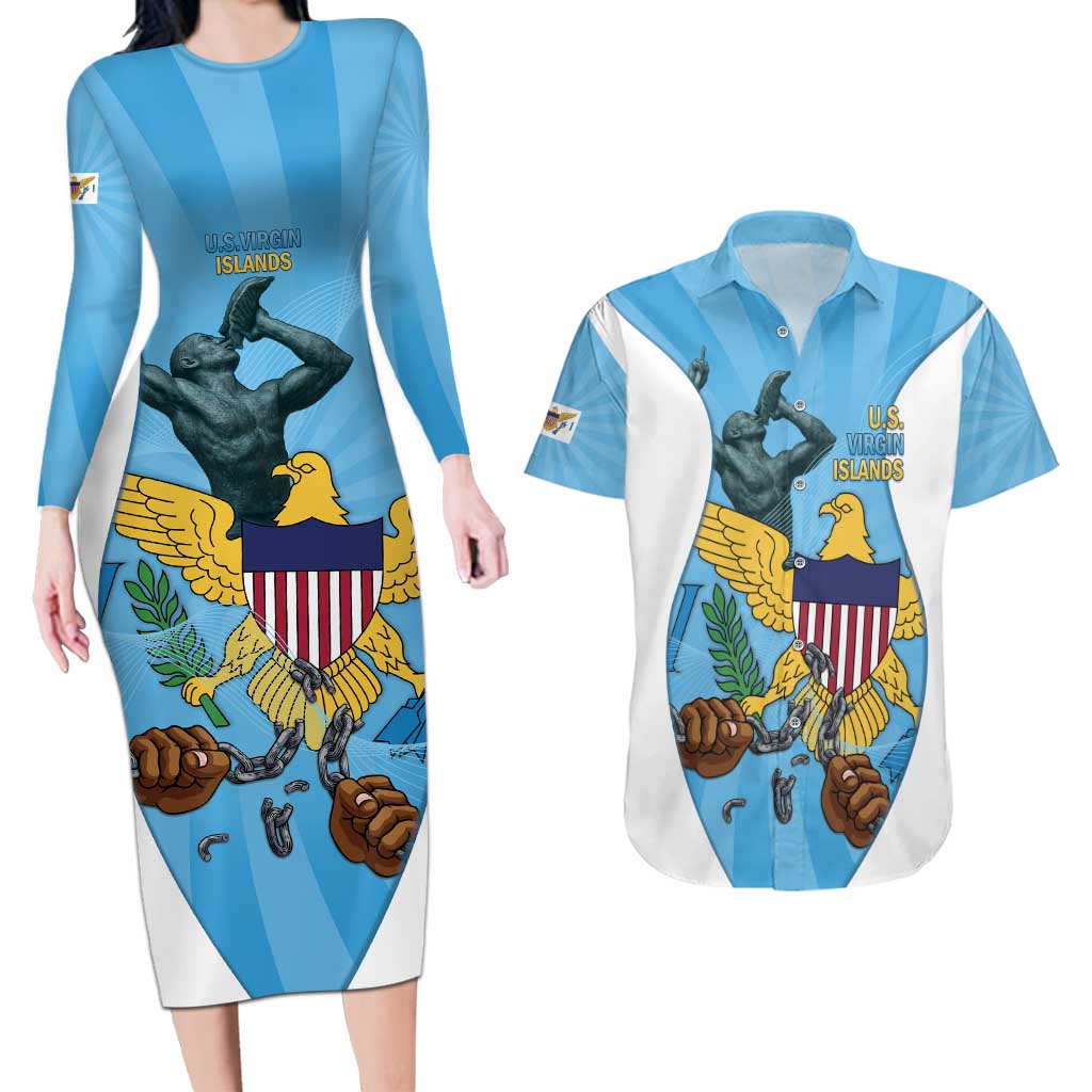 US Virgin Islands Couples Matching Long Sleeve Bodycon Dress and Hawaiian Shirt Emancipation Proud Freedom Statue