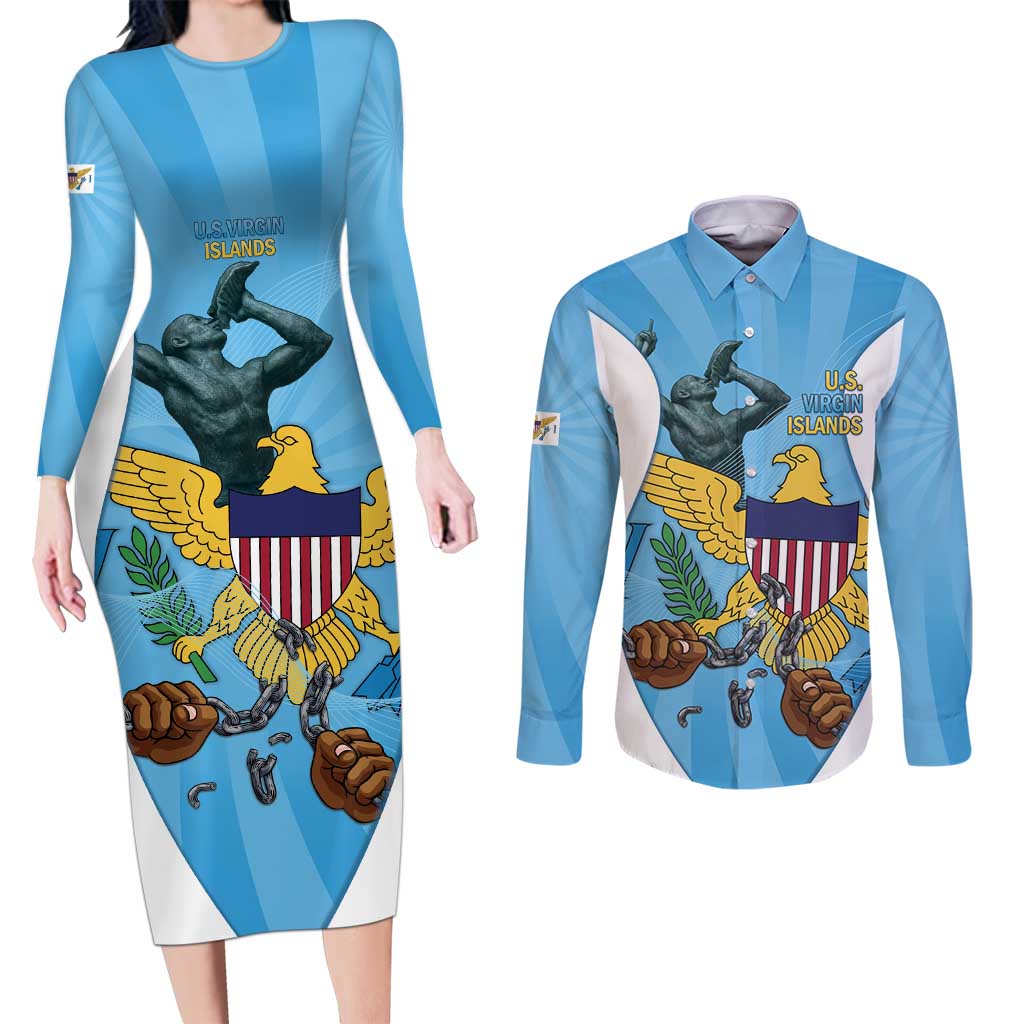 US Virgin Islands Couples Matching Long Sleeve Bodycon Dress and Long Sleeve Button Shirt Emancipation Proud Freedom Statue