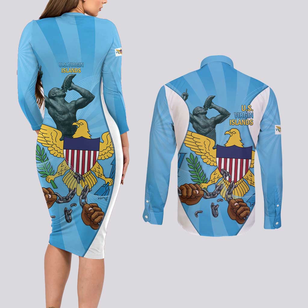 US Virgin Islands Couples Matching Long Sleeve Bodycon Dress and Long Sleeve Button Shirt Emancipation Proud Freedom Statue