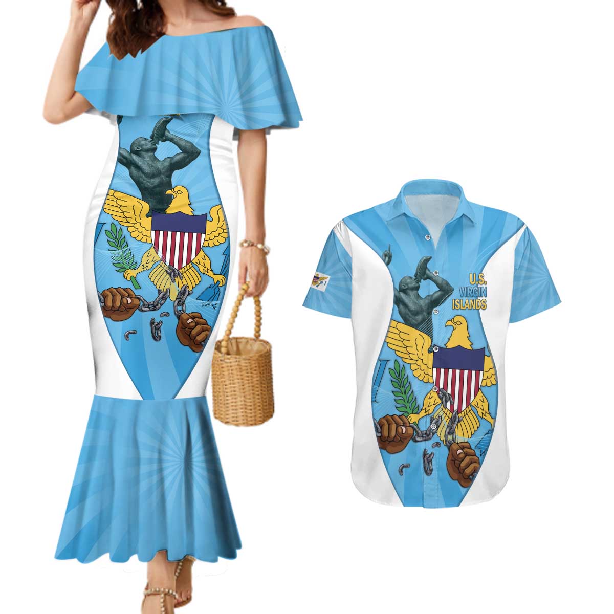 US Virgin Islands Couples Matching Mermaid Dress and Hawaiian Shirt Emancipation Proud Freedom Statue