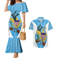 US Virgin Islands Couples Matching Mermaid Dress and Hawaiian Shirt Emancipation Proud Freedom Statue