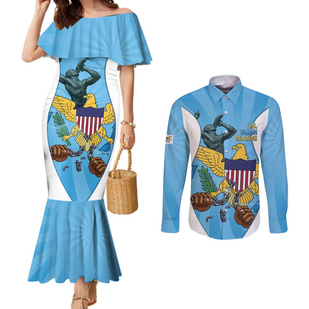 US Virgin Islands Couples Matching Mermaid Dress and Long Sleeve Button Shirt Emancipation Proud Freedom Statue