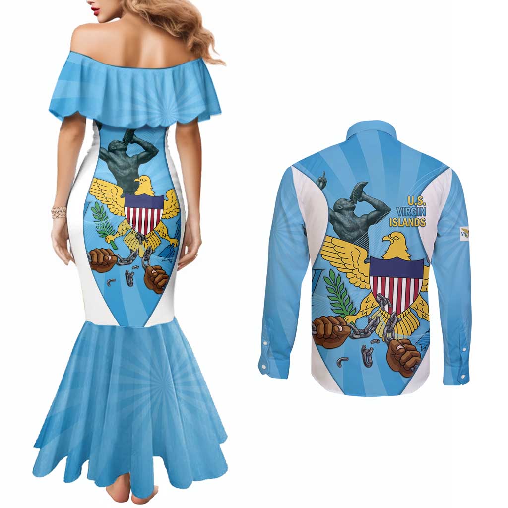 US Virgin Islands Couples Matching Mermaid Dress and Long Sleeve Button Shirt Emancipation Proud Freedom Statue