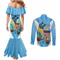 US Virgin Islands Couples Matching Mermaid Dress and Long Sleeve Button Shirt Emancipation Proud Freedom Statue