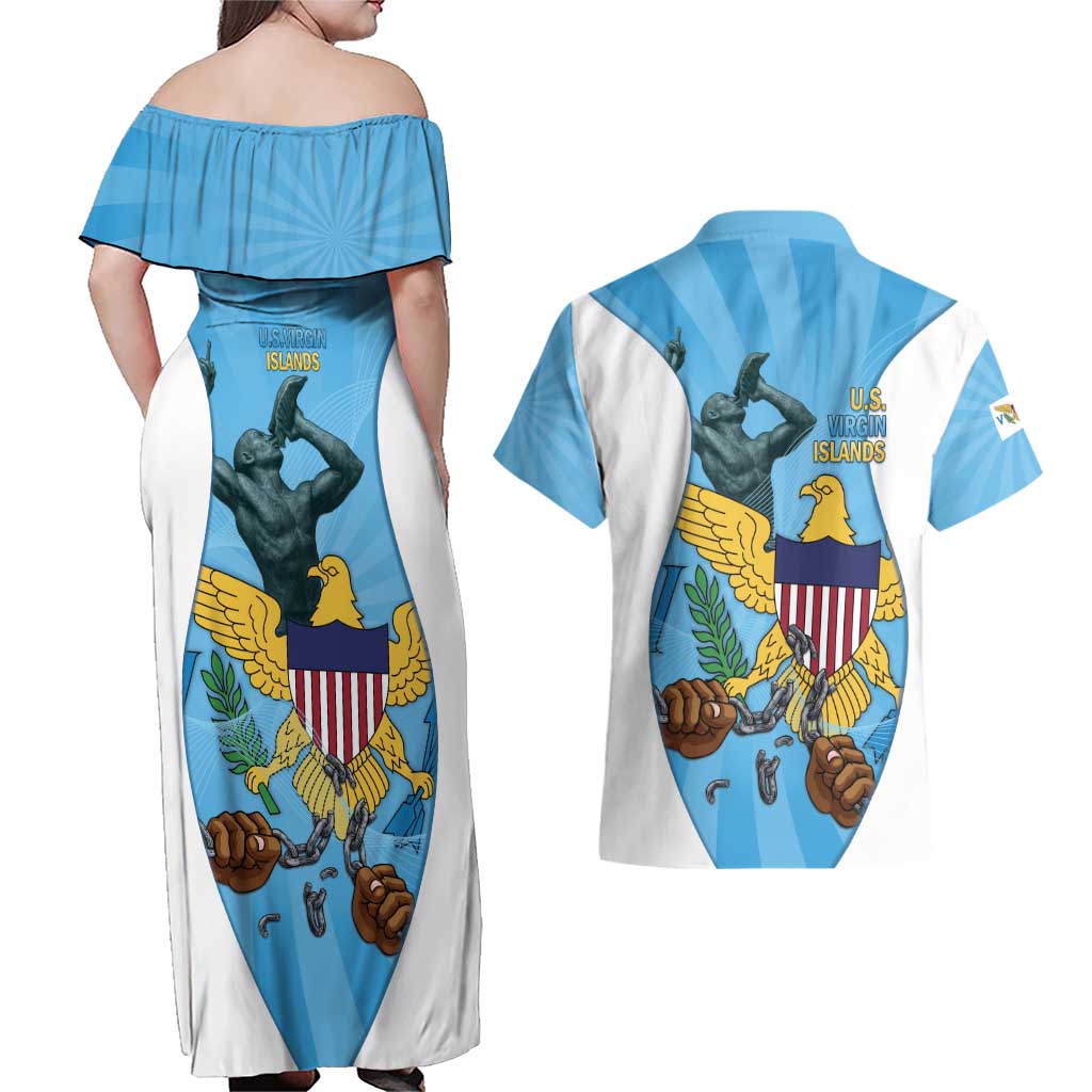 US Virgin Islands Couples Matching Off Shoulder Maxi Dress and Hawaiian Shirt Emancipation Proud Freedom Statue