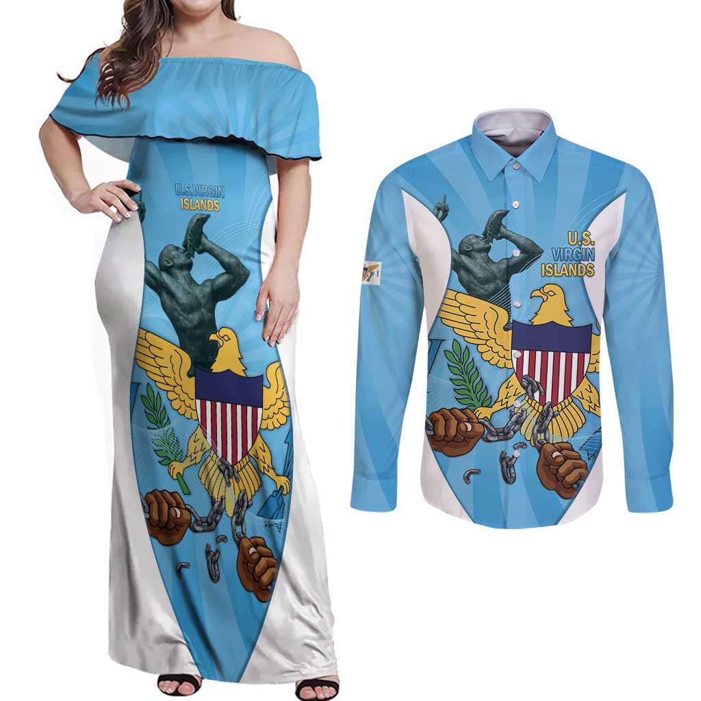 US Virgin Islands Couples Matching Off Shoulder Maxi Dress and Long Sleeve Button Shirt Emancipation Proud Freedom Statue