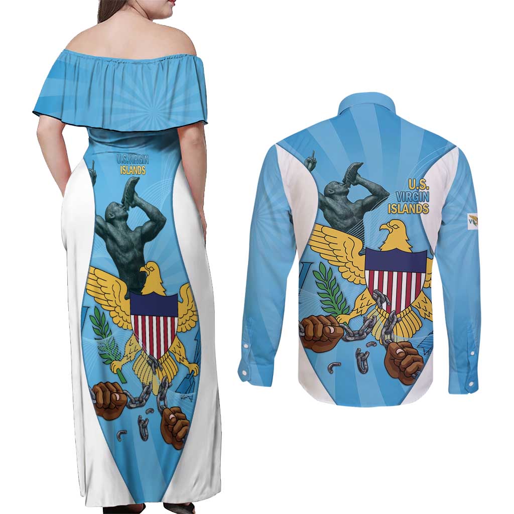 US Virgin Islands Couples Matching Off Shoulder Maxi Dress and Long Sleeve Button Shirt Emancipation Proud Freedom Statue