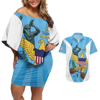 US Virgin Islands Couples Matching Off Shoulder Short Dress and Hawaiian Shirt Emancipation Proud Freedom Statue