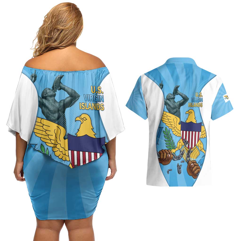 US Virgin Islands Couples Matching Off Shoulder Short Dress and Hawaiian Shirt Emancipation Proud Freedom Statue