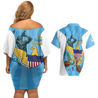 US Virgin Islands Couples Matching Off Shoulder Short Dress and Hawaiian Shirt Emancipation Proud Freedom Statue