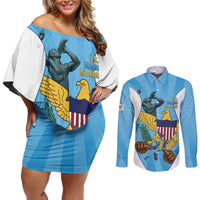 US Virgin Islands Couples Matching Off Shoulder Short Dress and Long Sleeve Button Shirt Emancipation Proud Freedom Statue