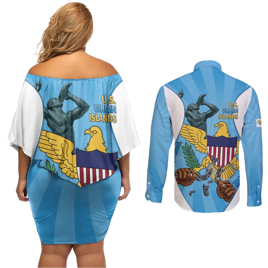 US Virgin Islands Couples Matching Off Shoulder Short Dress and Long Sleeve Button Shirt Emancipation Proud Freedom Statue