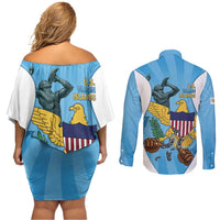 US Virgin Islands Couples Matching Off Shoulder Short Dress and Long Sleeve Button Shirt Emancipation Proud Freedom Statue