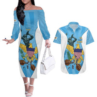US Virgin Islands Couples Matching Off The Shoulder Long Sleeve Dress and Hawaiian Shirt Emancipation Proud Freedom Statue