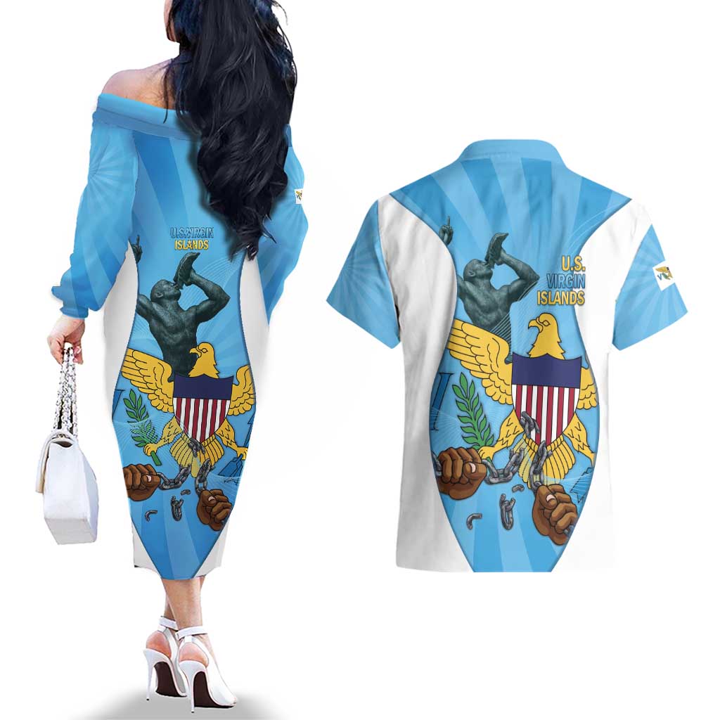 US Virgin Islands Couples Matching Off The Shoulder Long Sleeve Dress and Hawaiian Shirt Emancipation Proud Freedom Statue