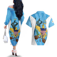 US Virgin Islands Couples Matching Off The Shoulder Long Sleeve Dress and Hawaiian Shirt Emancipation Proud Freedom Statue