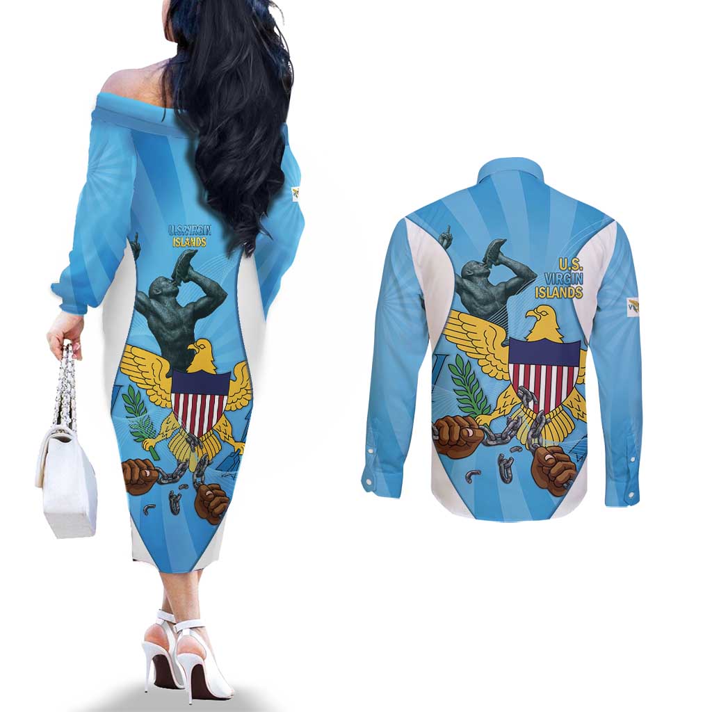 US Virgin Islands Couples Matching Off The Shoulder Long Sleeve Dress and Long Sleeve Button Shirt Emancipation Proud Freedom Statue
