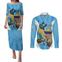 US Virgin Islands Couples Matching Puletasi and Long Sleeve Button Shirt Emancipation Proud Freedom Statue