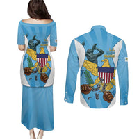 US Virgin Islands Couples Matching Puletasi and Long Sleeve Button Shirt Emancipation Proud Freedom Statue