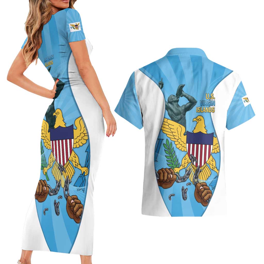 US Virgin Islands Couples Matching Short Sleeve Bodycon Dress and Hawaiian Shirt Emancipation Proud Freedom Statue