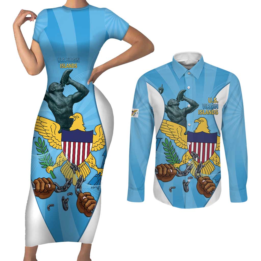 US Virgin Islands Couples Matching Short Sleeve Bodycon Dress and Long Sleeve Button Shirt Emancipation Proud Freedom Statue