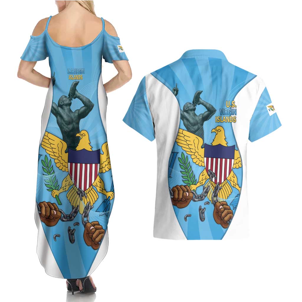 US Virgin Islands Couples Matching Summer Maxi Dress and Hawaiian Shirt Emancipation Proud Freedom Statue