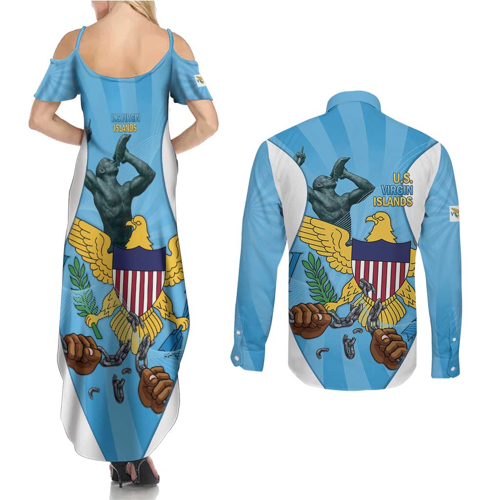 US Virgin Islands Couples Matching Summer Maxi Dress and Long Sleeve Button Shirt Emancipation Proud Freedom Statue