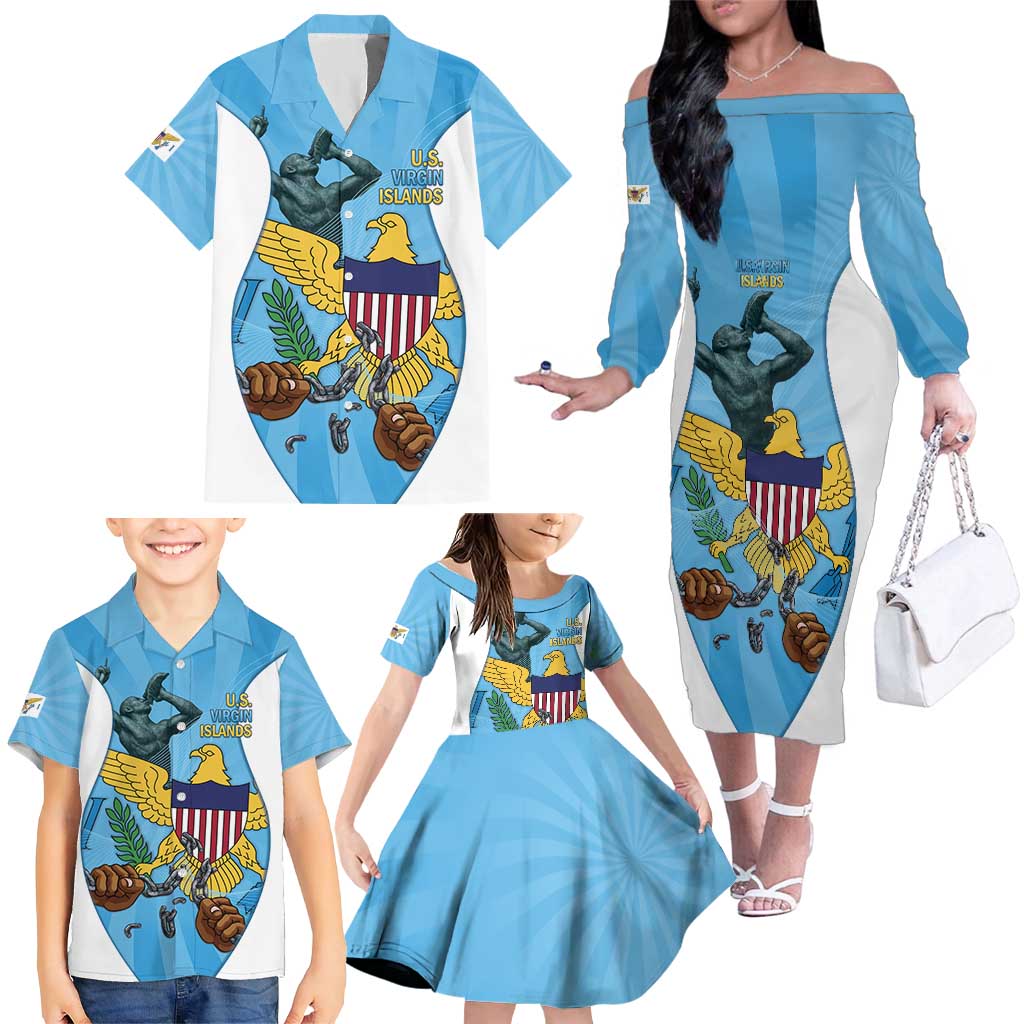 US Virgin Islands Family Matching Off The Shoulder Long Sleeve Dress and Hawaiian Shirt Emancipation Proud Freedom Statue