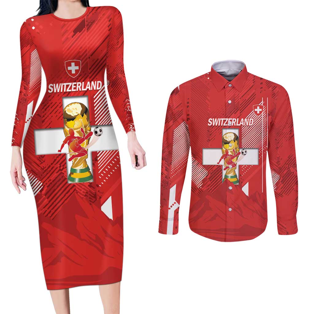 Switzerland Football Custom Couples Matching Long Sleeve Bodycon Dress and Long Sleeve Button Shirt Go Nati Swiss Alps Grunge Style