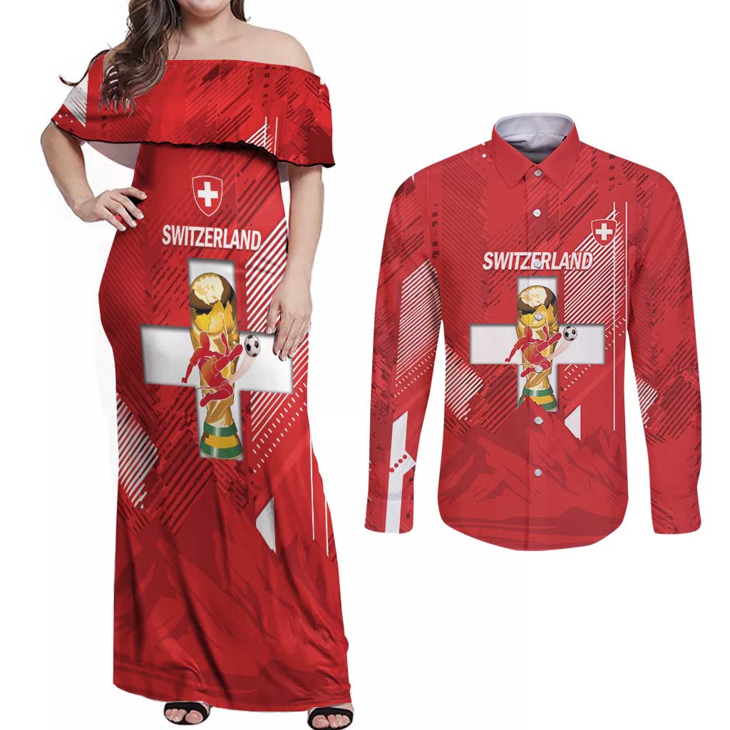 Switzerland Football Custom Couples Matching Off Shoulder Maxi Dress and Long Sleeve Button Shirt Go Nati Swiss Alps Grunge Style