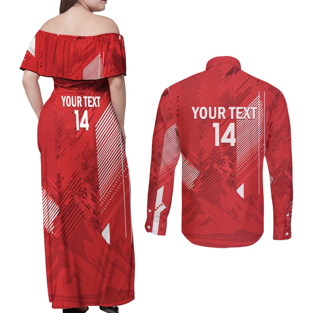 Switzerland Football Custom Couples Matching Off Shoulder Maxi Dress and Long Sleeve Button Shirt Go Nati Swiss Alps Grunge Style