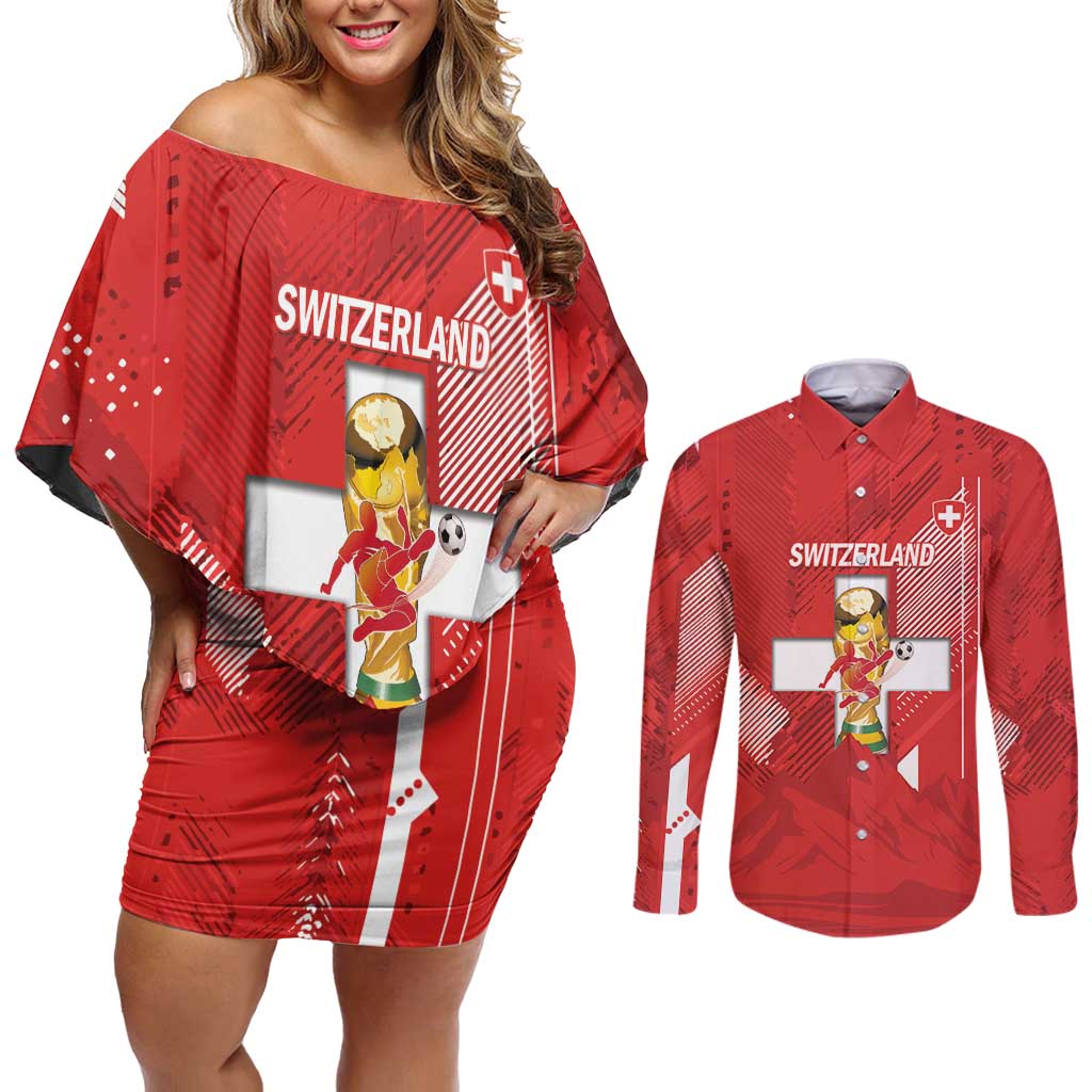 Switzerland Football Custom Couples Matching Off Shoulder Short Dress and Long Sleeve Button Shirt Go Nati Swiss Alps Grunge Style