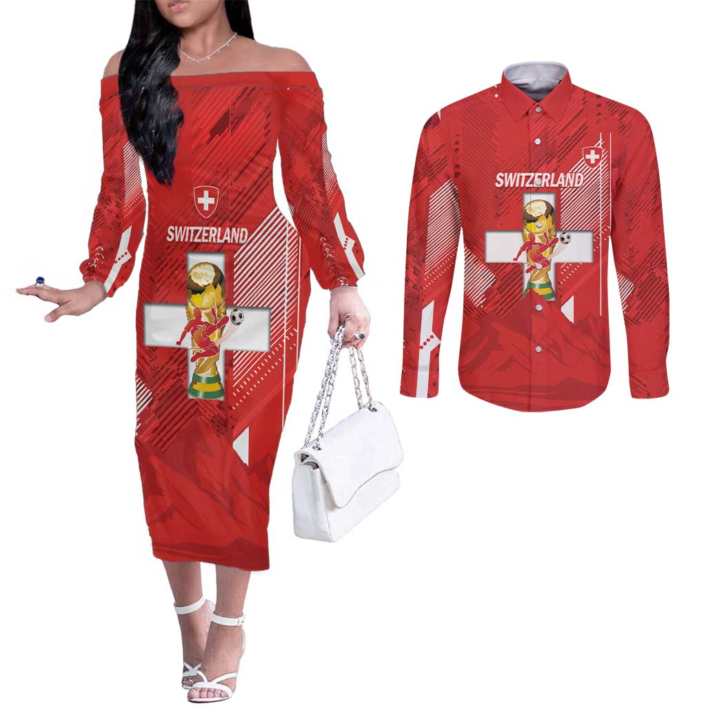 Switzerland Football Custom Couples Matching Off The Shoulder Long Sleeve Dress and Long Sleeve Button Shirt Go Nati Swiss Alps Grunge Style
