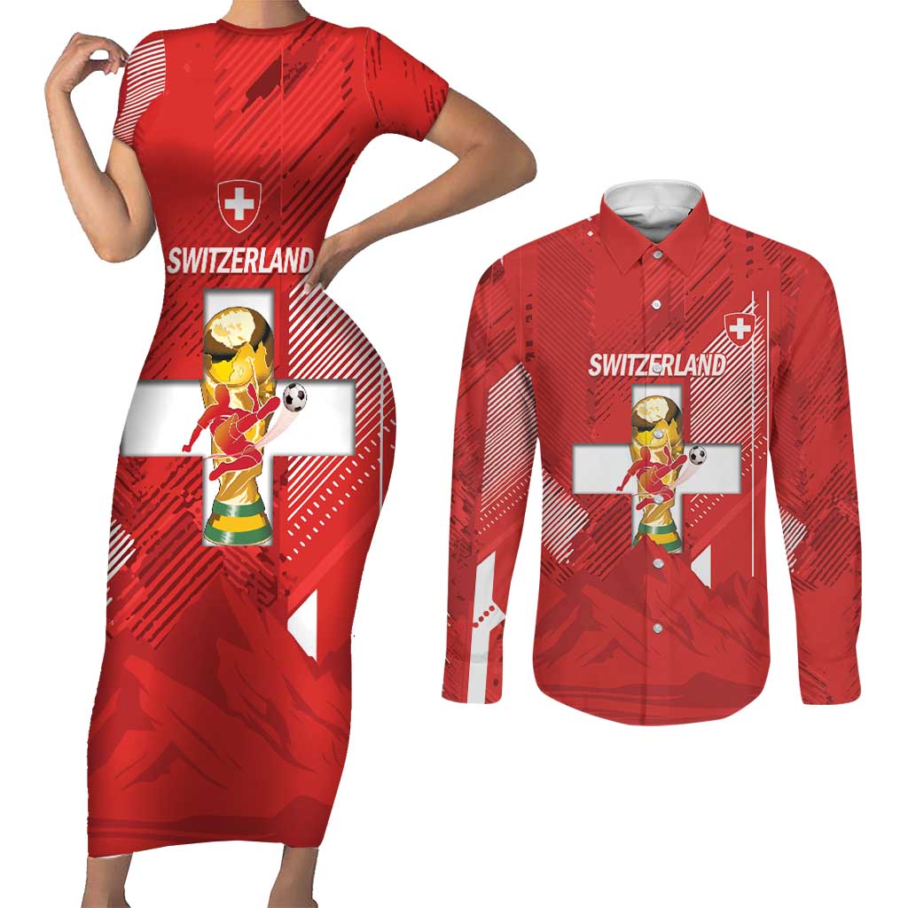 Switzerland Football Custom Couples Matching Short Sleeve Bodycon Dress and Long Sleeve Button Shirt Go Nati Swiss Alps Grunge Style