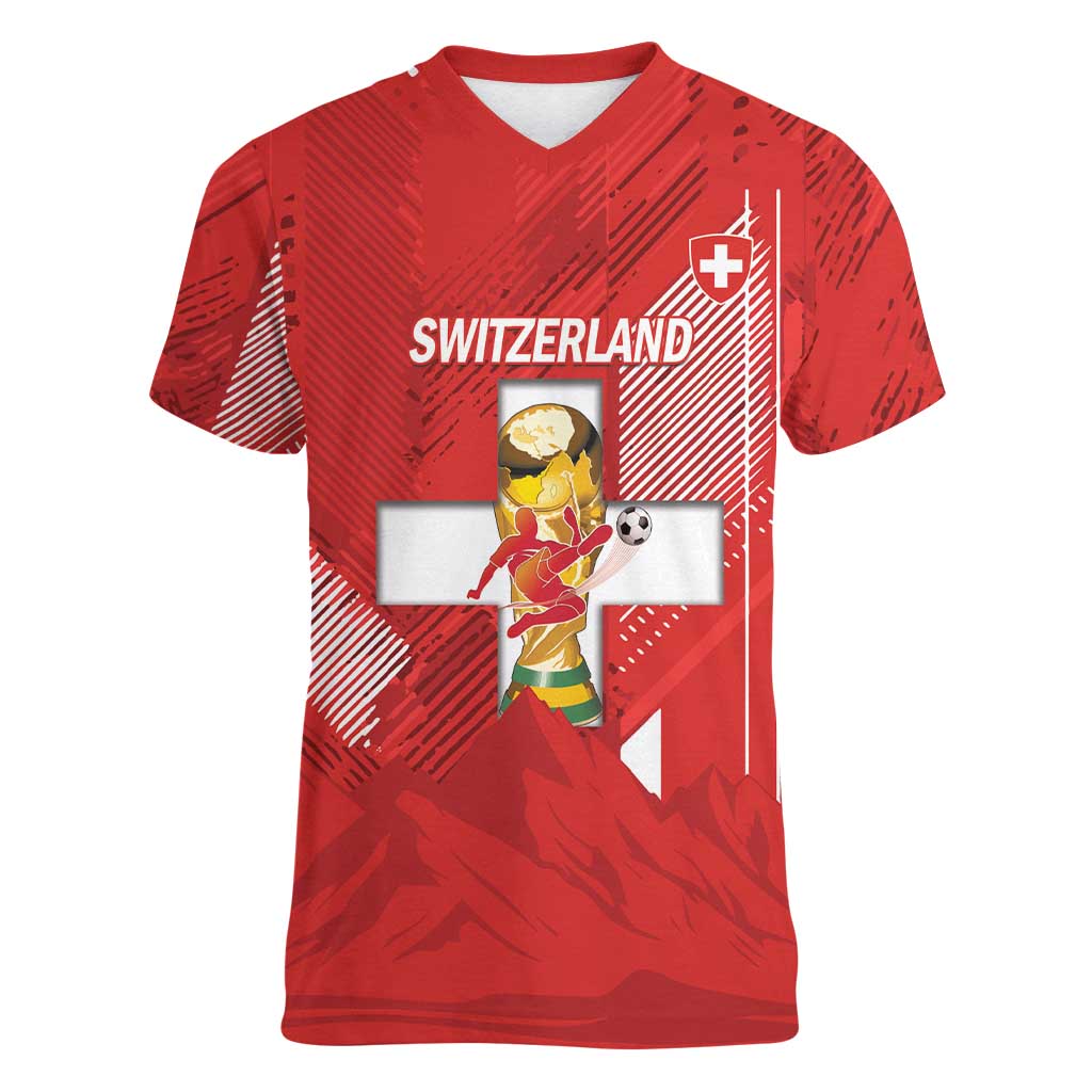 Switzerland Football Custom Women V-Neck T-Shirt Go Nati Swiss Alps Grunge Style