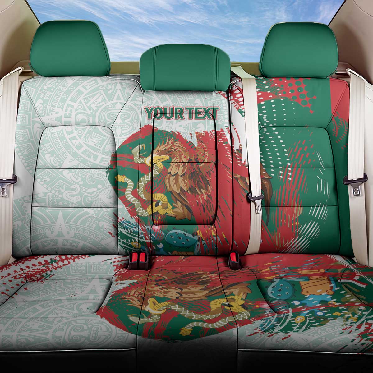 Mexico Football Custom Back Car Seat Cover El Tri Aztec Calendar Brush Style