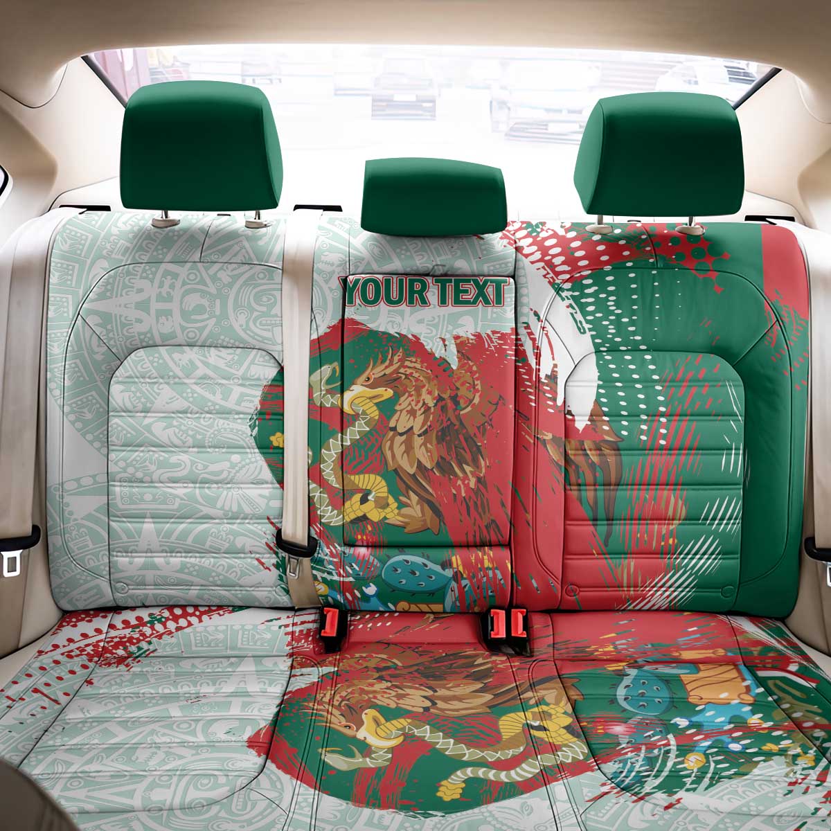 Mexico Football Custom Back Car Seat Cover El Tri Aztec Calendar Brush Style