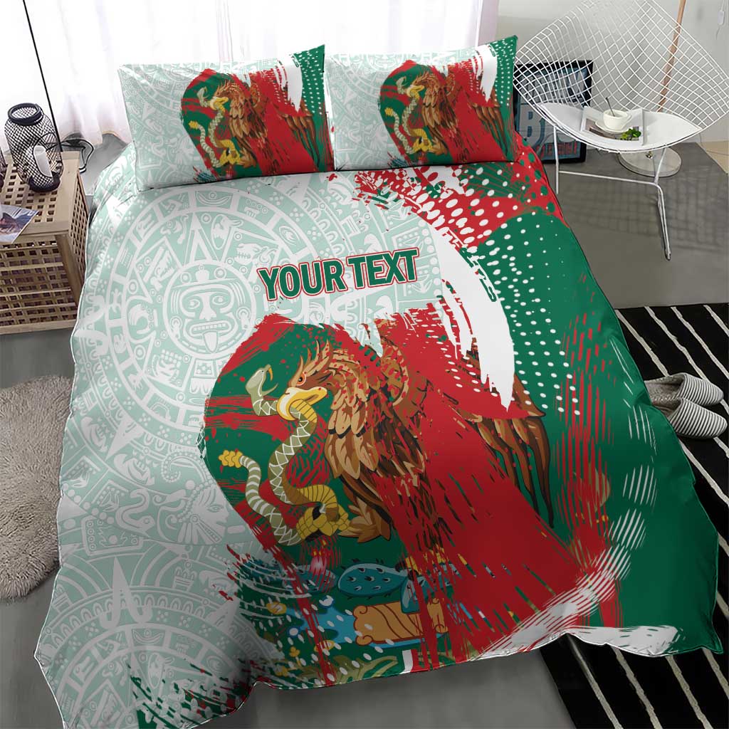 Mexico Football Custom Bedding Set El Tri Aztec Calendar Brush Style