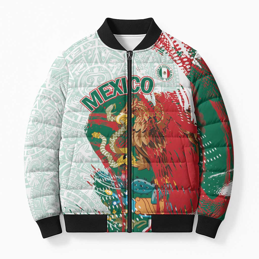 Mexico Football Custom Bomber Puffer Jacket El Tri Aztec Calendar Brush Style