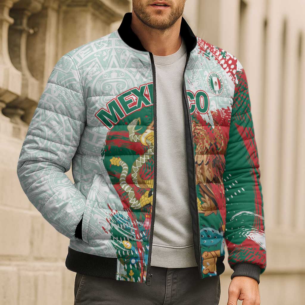 Mexico Football Custom Bomber Puffer Jacket El Tri Aztec Calendar Brush Style