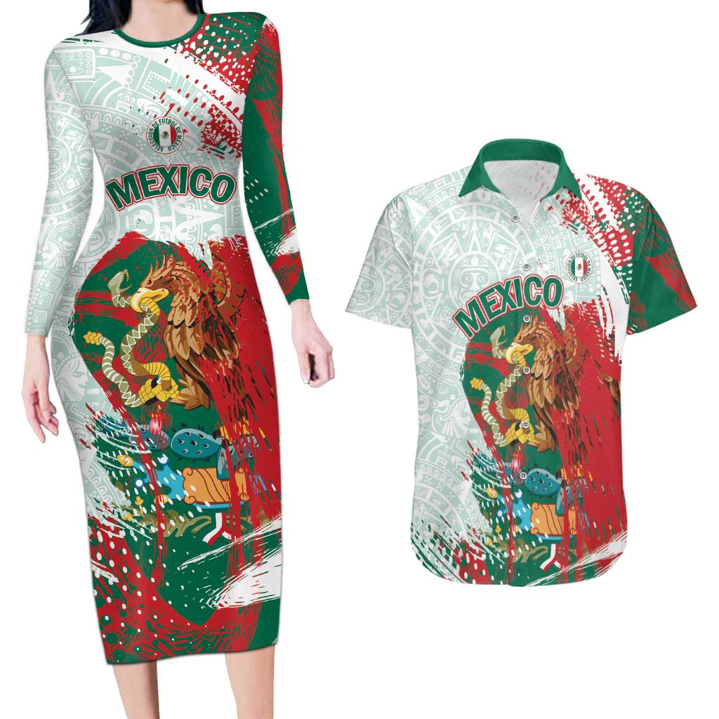 Mexico Football Custom Couples Matching Long Sleeve Bodycon Dress and Hawaiian Shirt El Tri Aztec Calendar Brush Style
