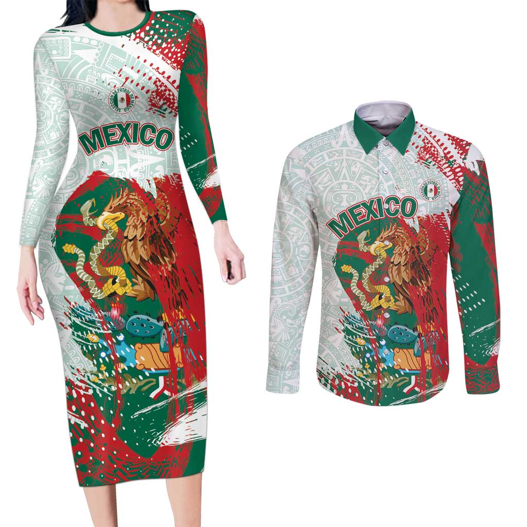 Mexico Football Custom Couples Matching Long Sleeve Bodycon Dress and Long Sleeve Button Shirt El Tri Aztec Calendar Brush Style