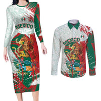 Mexico Football Custom Couples Matching Long Sleeve Bodycon Dress and Long Sleeve Button Shirt El Tri Aztec Calendar Brush Style