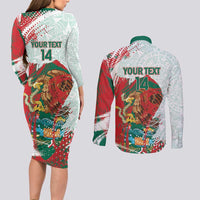 Mexico Football Custom Couples Matching Long Sleeve Bodycon Dress and Long Sleeve Button Shirt El Tri Aztec Calendar Brush Style