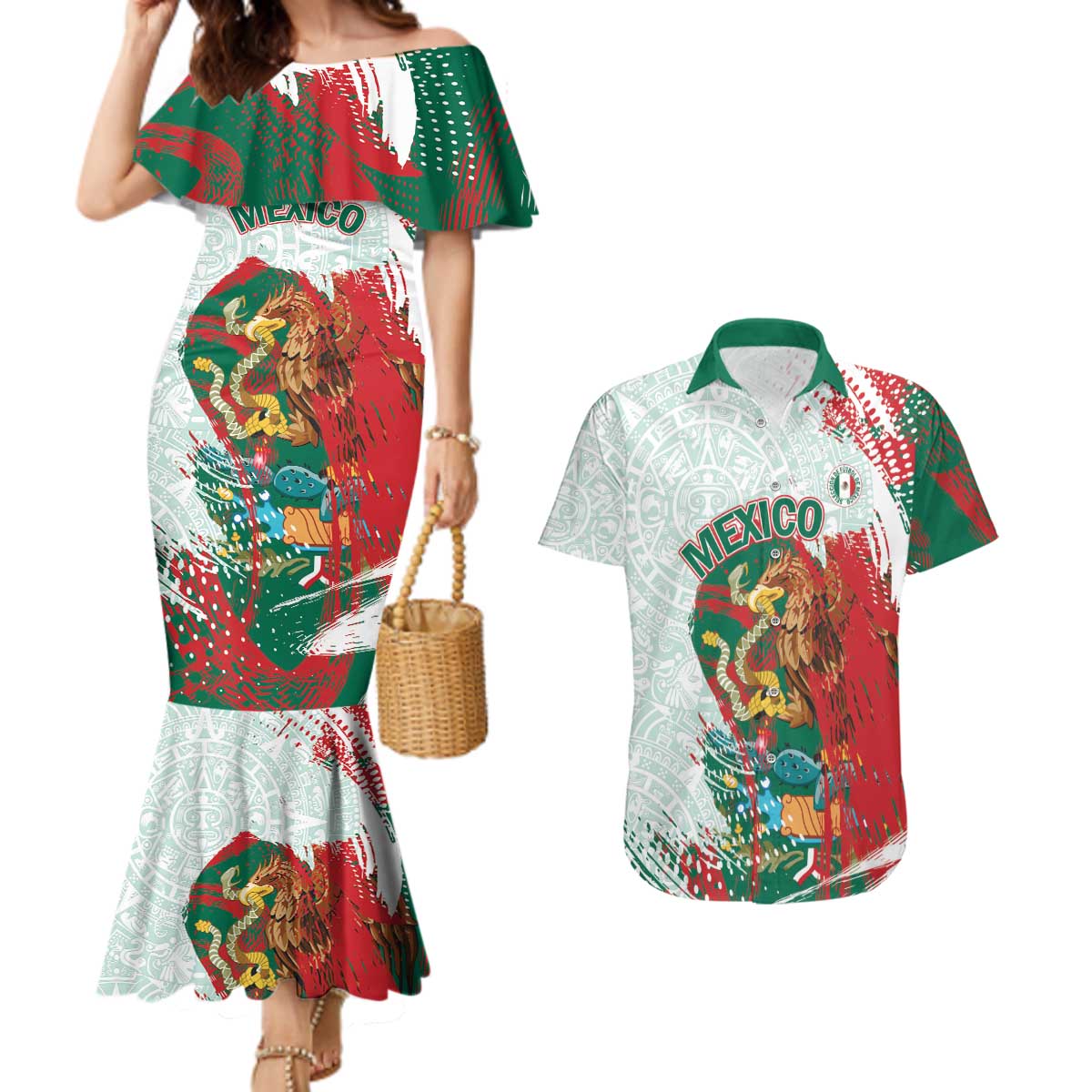 Mexico Football Custom Couples Matching Mermaid Dress and Hawaiian Shirt El Tri Aztec Calendar Brush Style