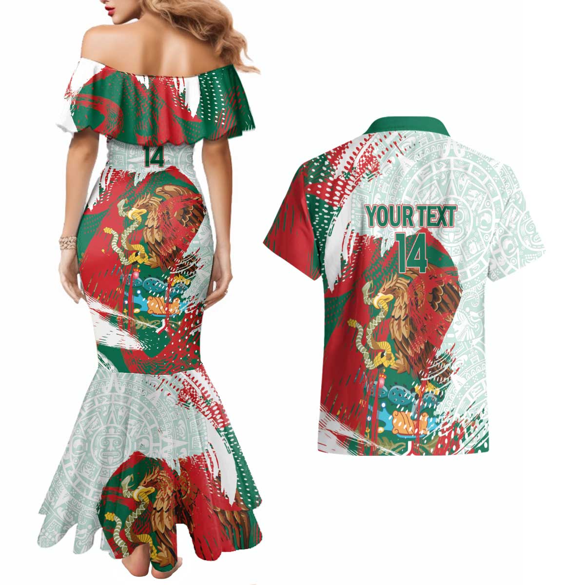 Mexico Football Custom Couples Matching Mermaid Dress and Hawaiian Shirt El Tri Aztec Calendar Brush Style