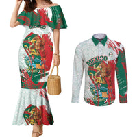 Mexico Football Custom Couples Matching Mermaid Dress and Long Sleeve Button Shirt El Tri Aztec Calendar Brush Style